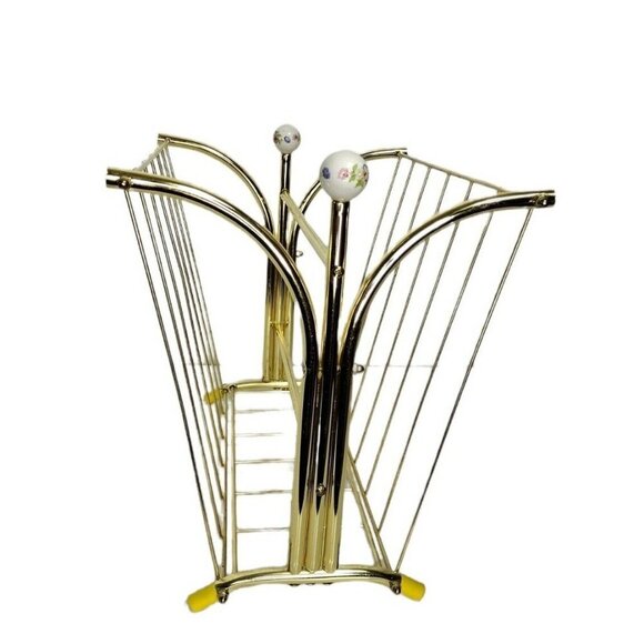 VTG MCM Gold Brass Tone Magazine Holder Porcelain Floral Ball Hollywood Regency - Picture 6 of 11